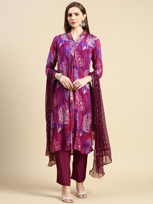 women purple printed kurta pant set with dupatta - 21387719 - Standard Image - 0