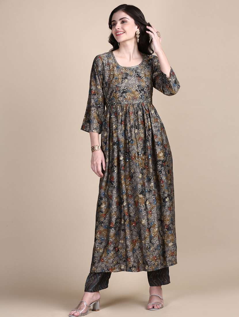 women grey printed round neck kurta pant set - 21387721 -  Zoom Image - 0
