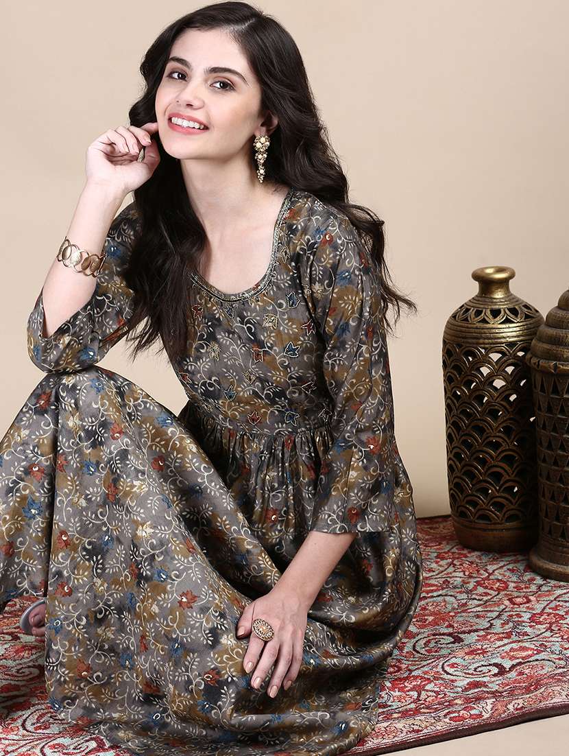 women grey printed round neck kurta pant set - 21387721 -  Standard Image - 3