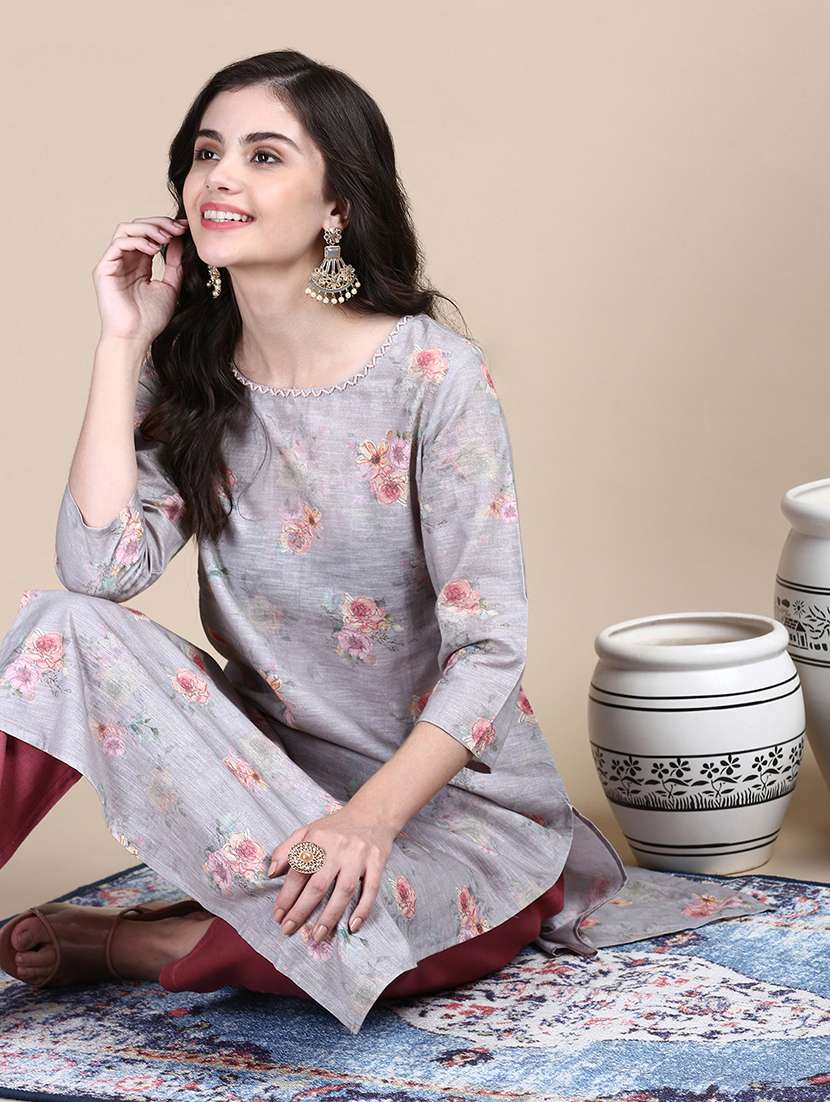 women grey floral printed kurta pant set - 21387725 -  Standard Image - 3