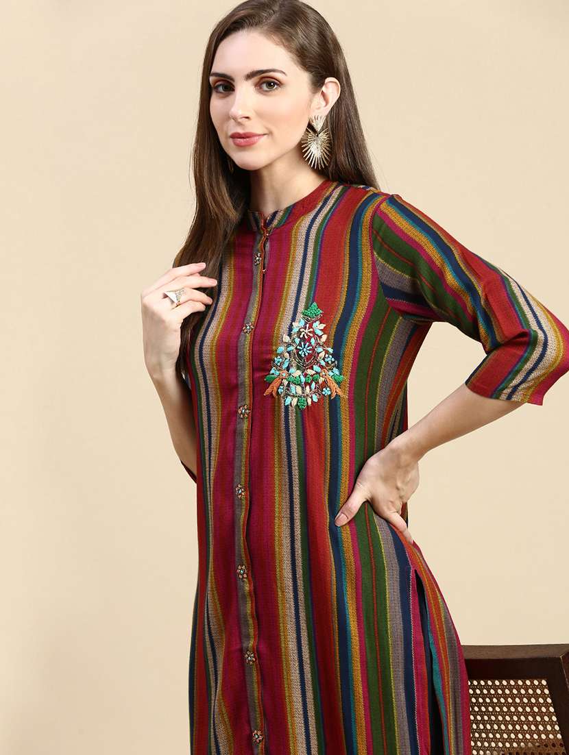 women multi color stripes printed straight kurta - 21387747 -  Standard Image - 3