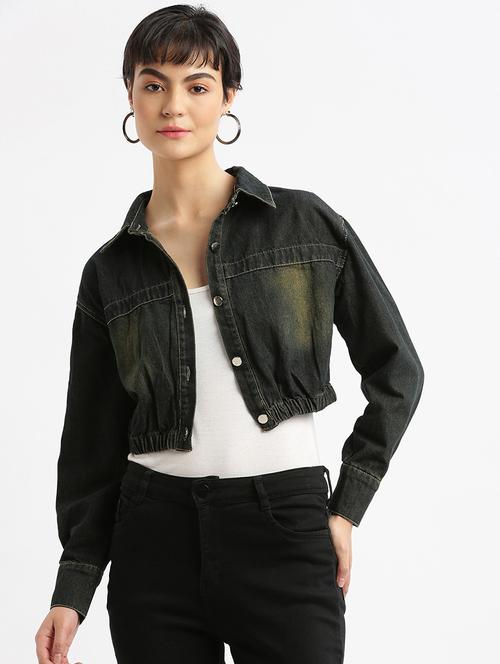 women black denim crop jacket - 21387778 - Standard Image - 0