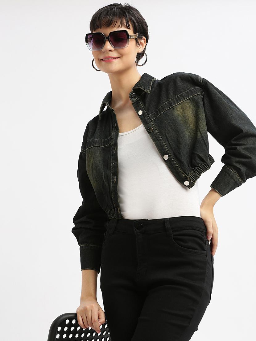 women black denim crop jacket - 21387778 - Standard Image - 3