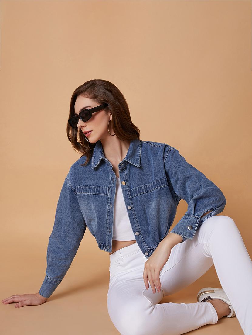 blue solid denim crop jacket - 21387779 - Standard Image - 3
