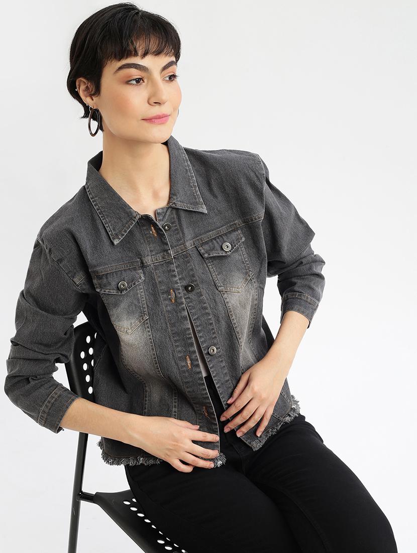 women grey denim solids jacket - 21387795 - Standard Image - 3