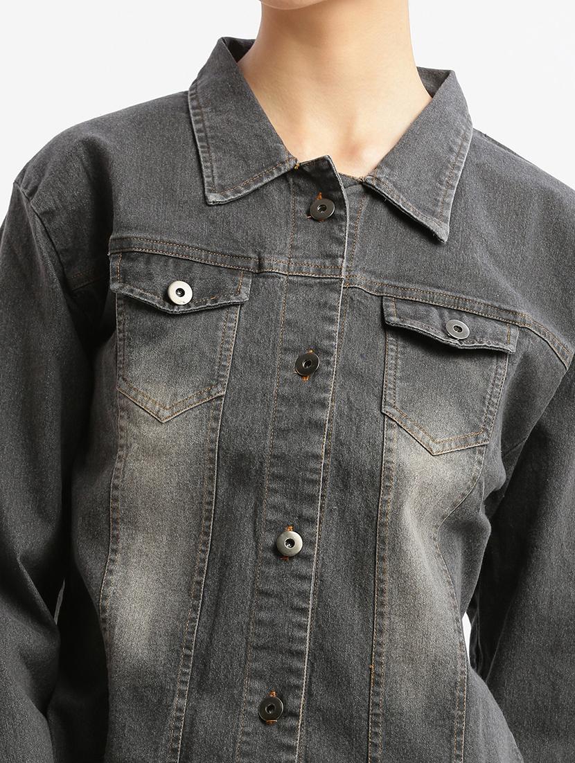 women grey denim solids jacket - 21387795 - Standard Image - 5