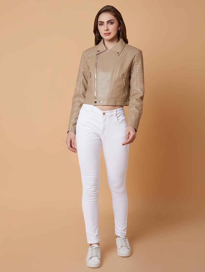 women beige solid biker jacket - 21387796 - Standard Image - 5