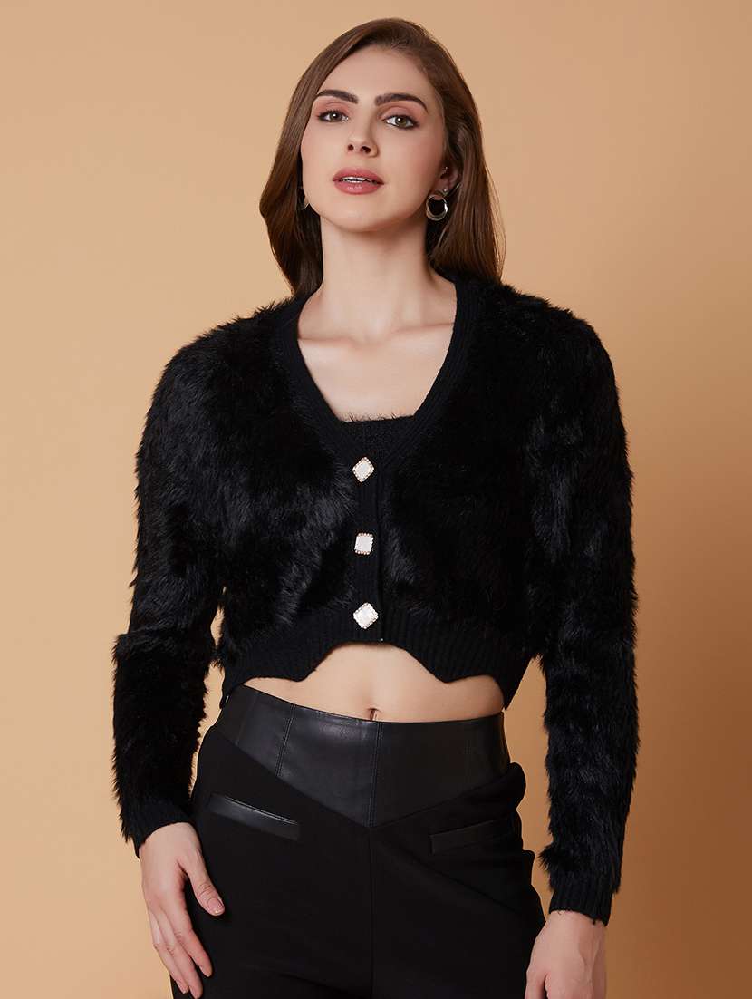 women black fur cardigans with inner slip