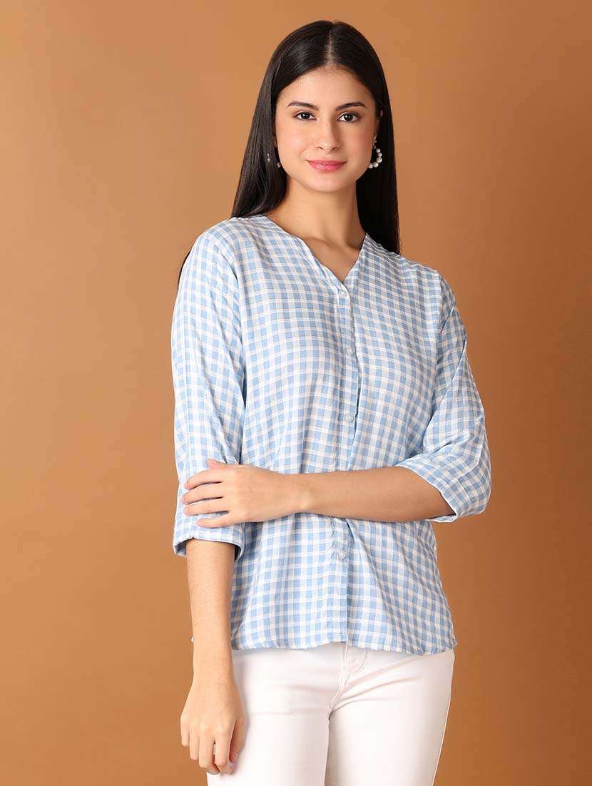 women checkered three quarter sleeves regular top