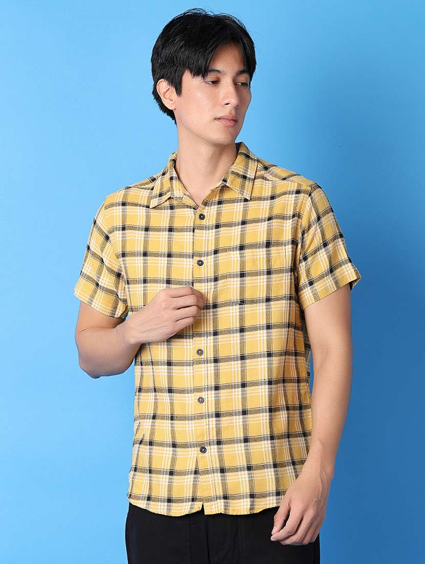 men checks short sleeves casual shirt