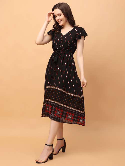 women black printed short sleeve a-line dress