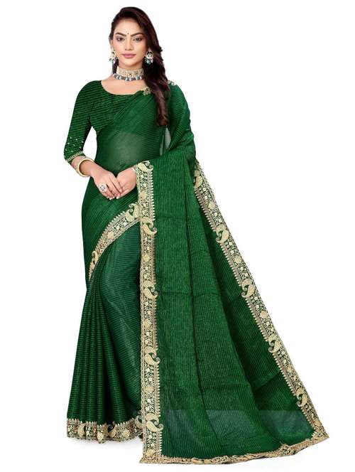 women green solid zari bordered saree with blouse - 21389151 - Standard Image - 0