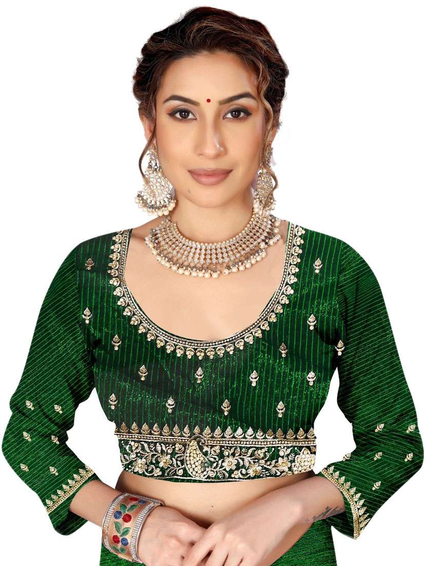 women green solid zari bordered saree with blouse - 21389151 - Standard Image - 3