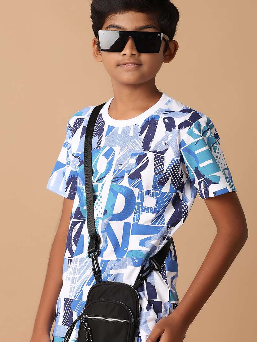 boys white typography print t-shirt and shorts - 21389656 -  Standard Image - 3