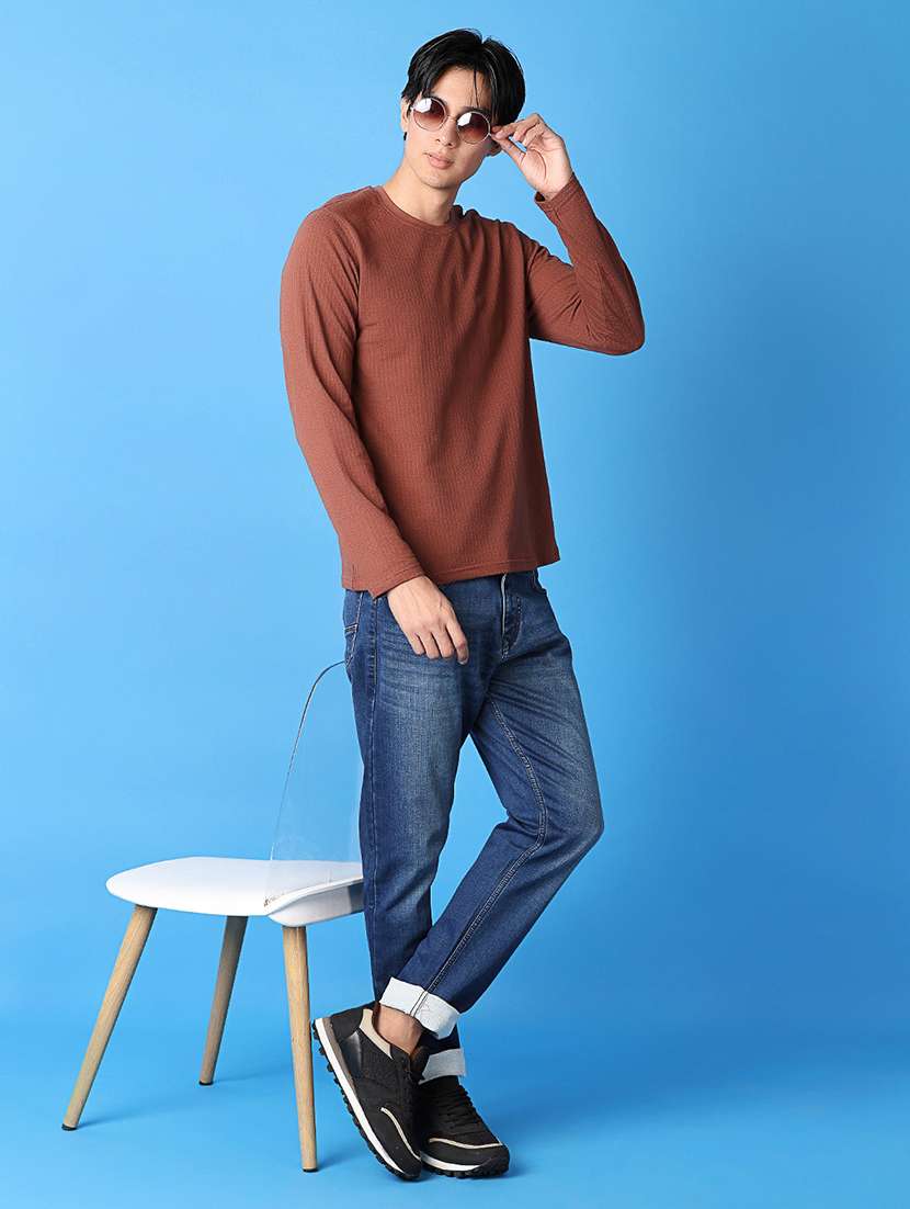 men brown self design long sleeve t-shirt - 21389817 - Standard Image - 3