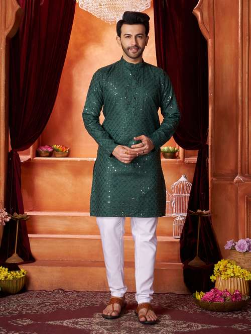men mandarin neck embroidered long kurta - 21390699 - Standard Image - 0