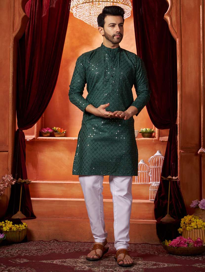 men mandarin neck embroidered long kurta - 21390699 - Standard Image - 3