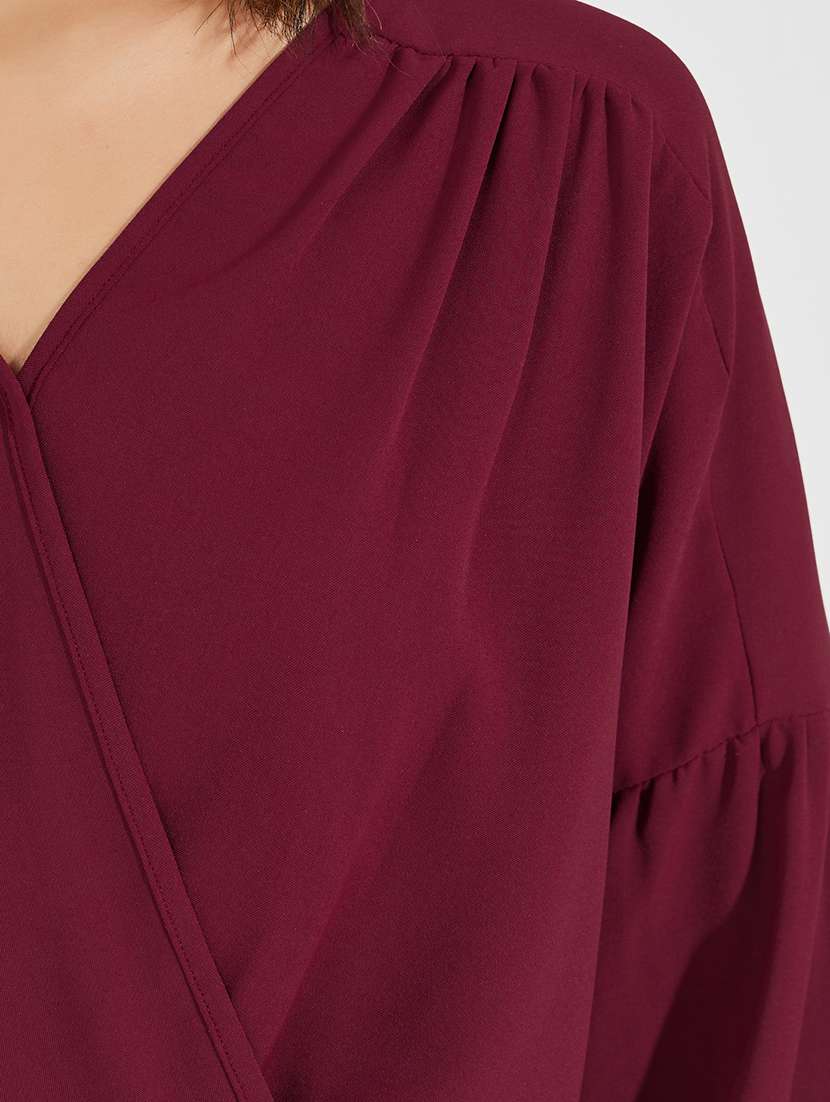 women solid burgundy polyester wrap top - 21390768 -  Standard Image - 3