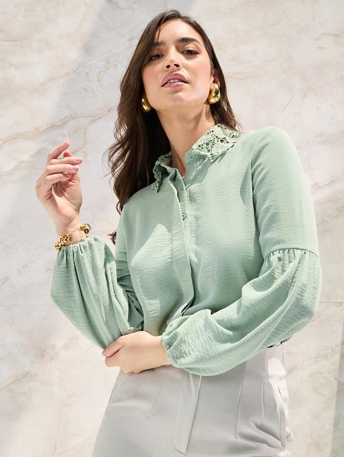 women casual lace frills bows and ruffles lace collar placket detail relaxed fit shirt - 21390822 - Standard Image - 0