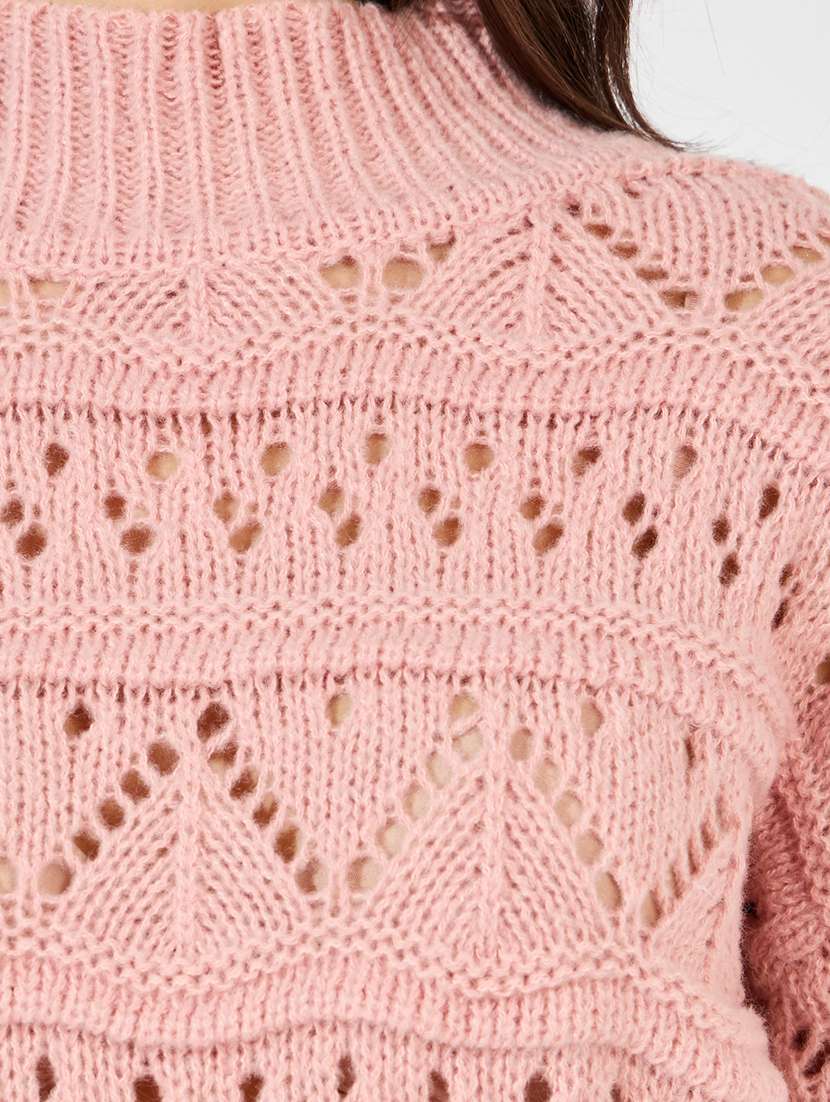women pink self design turtle neck pullover - 21390828 - Standard Image - 3