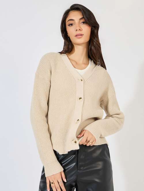 women beige self design long sleeve cardigan - 21390831 -  Standard Image - 0