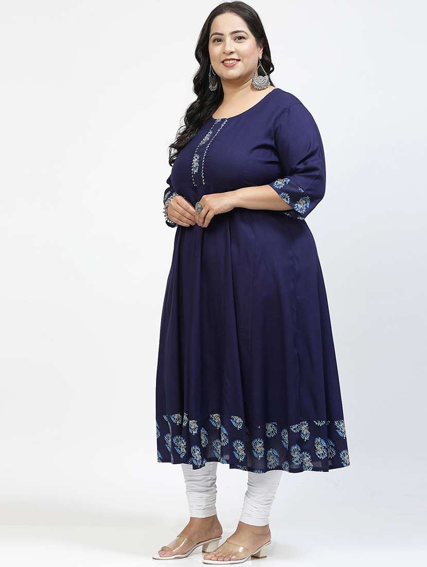 women navy blue round neck plus size flared kurta - 21391104 - Standard Image - 3