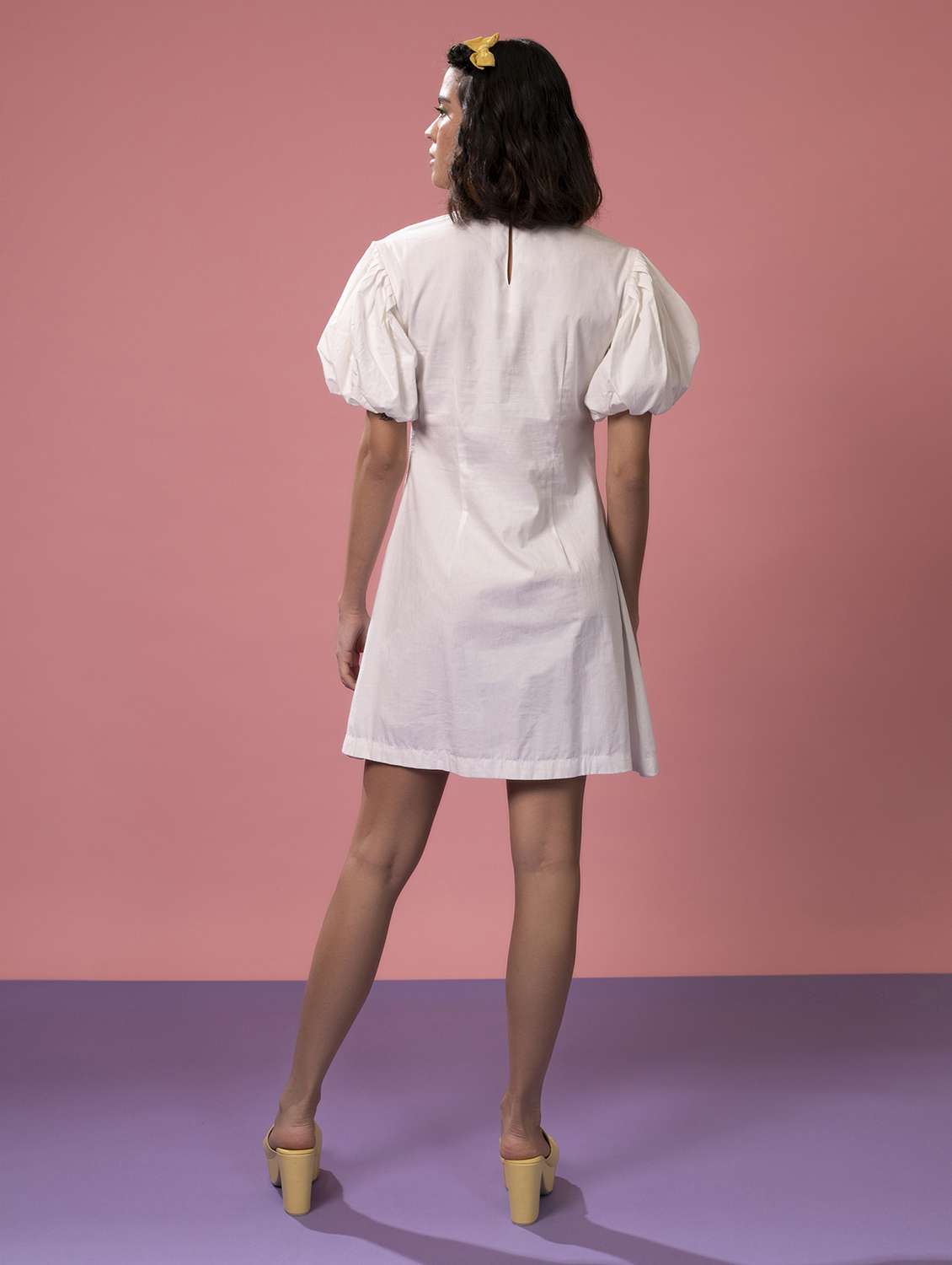 women solid puff sleeves a-line dress - 21391124 -  Standard Image - 3