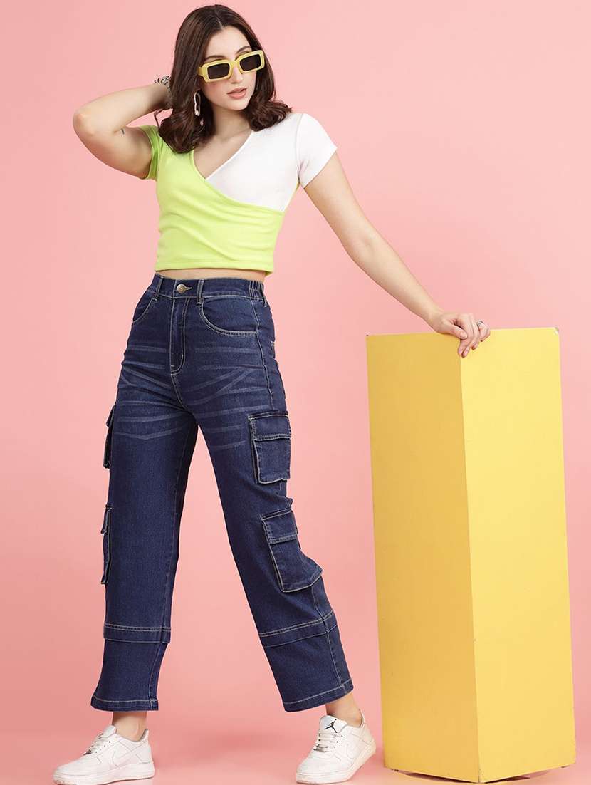 women navy blue cargo jeans
