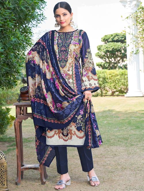 women navy blue long sleeve kurta pant with dupatta set - 21391316 - Standard Image - 0