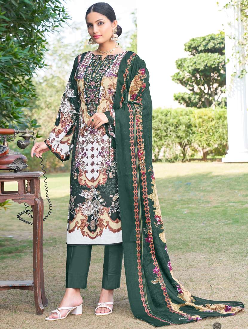 women bottle green long sleeve kurta pant with dupatta set - 21391319 - Zoom Image - 0