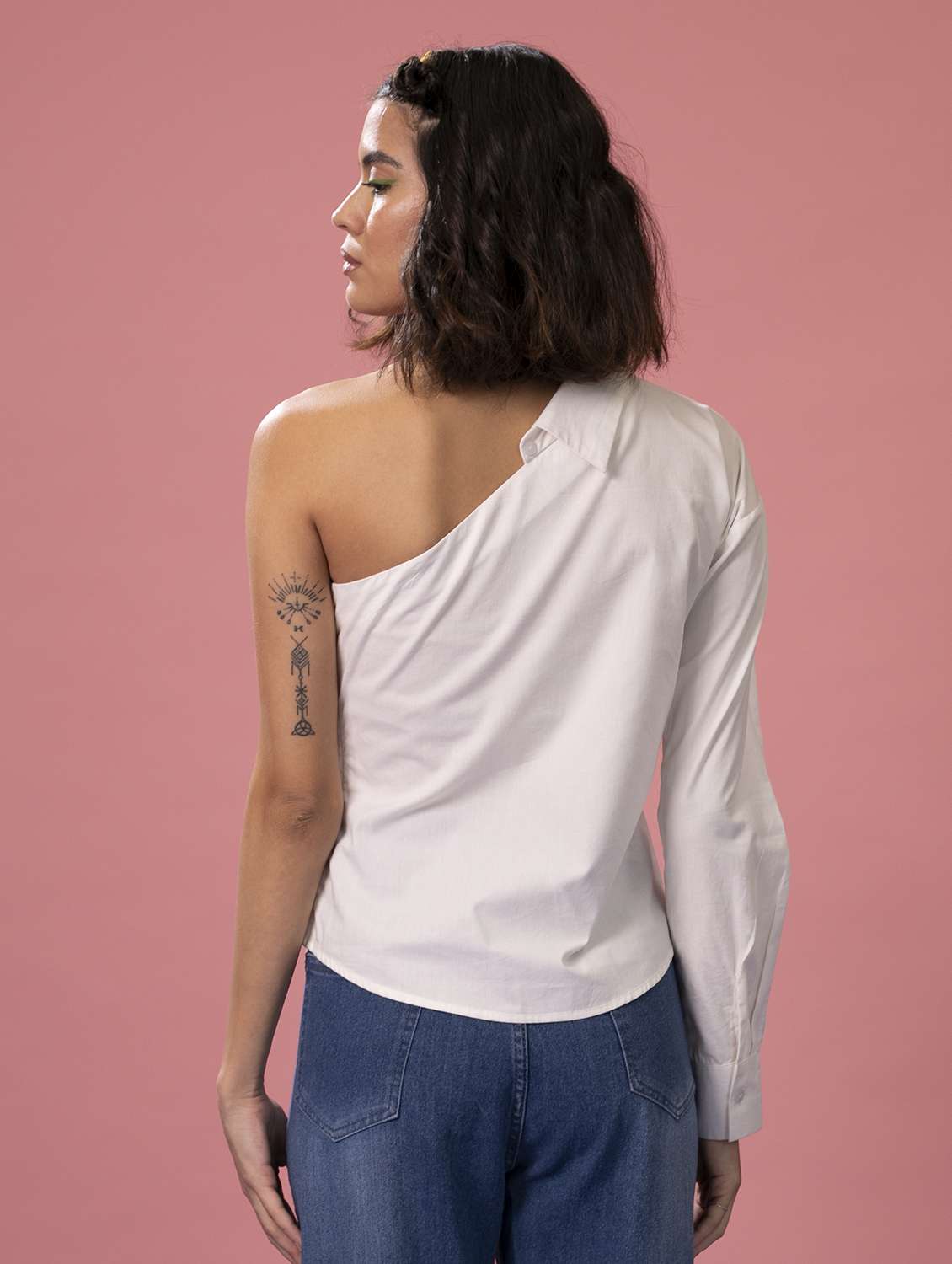 women solid collared single shoulder shirt - 21391531 -  Standard Image - 3