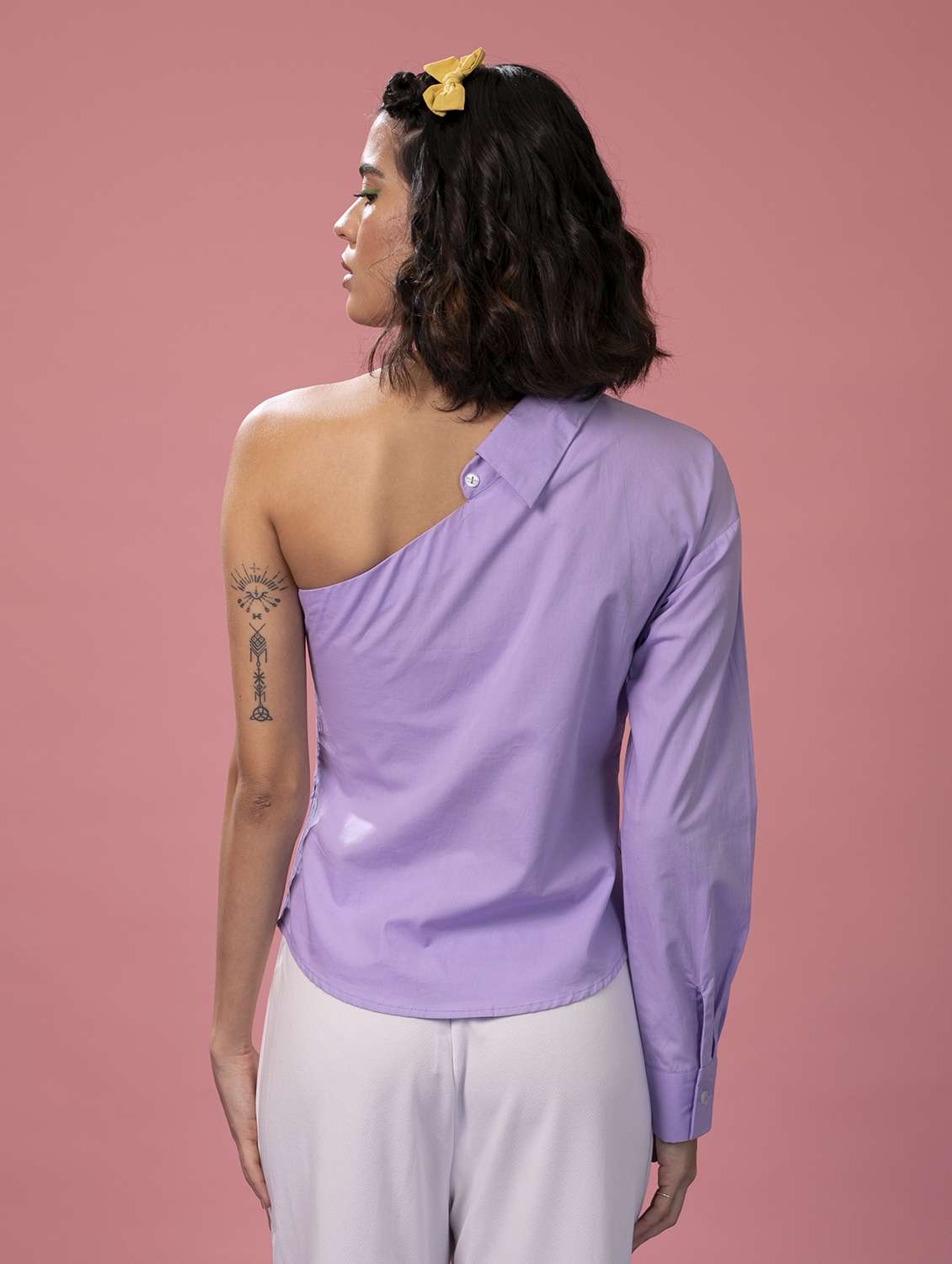 women solid collared single shoulder shirt - 21391532 -  Standard Image - 3