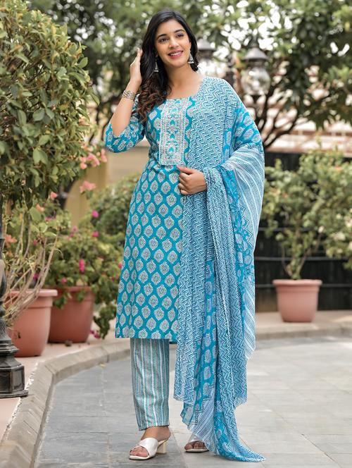 women light blue printed kurta pant set with dupatta - 21391928 - Standard Image - 0