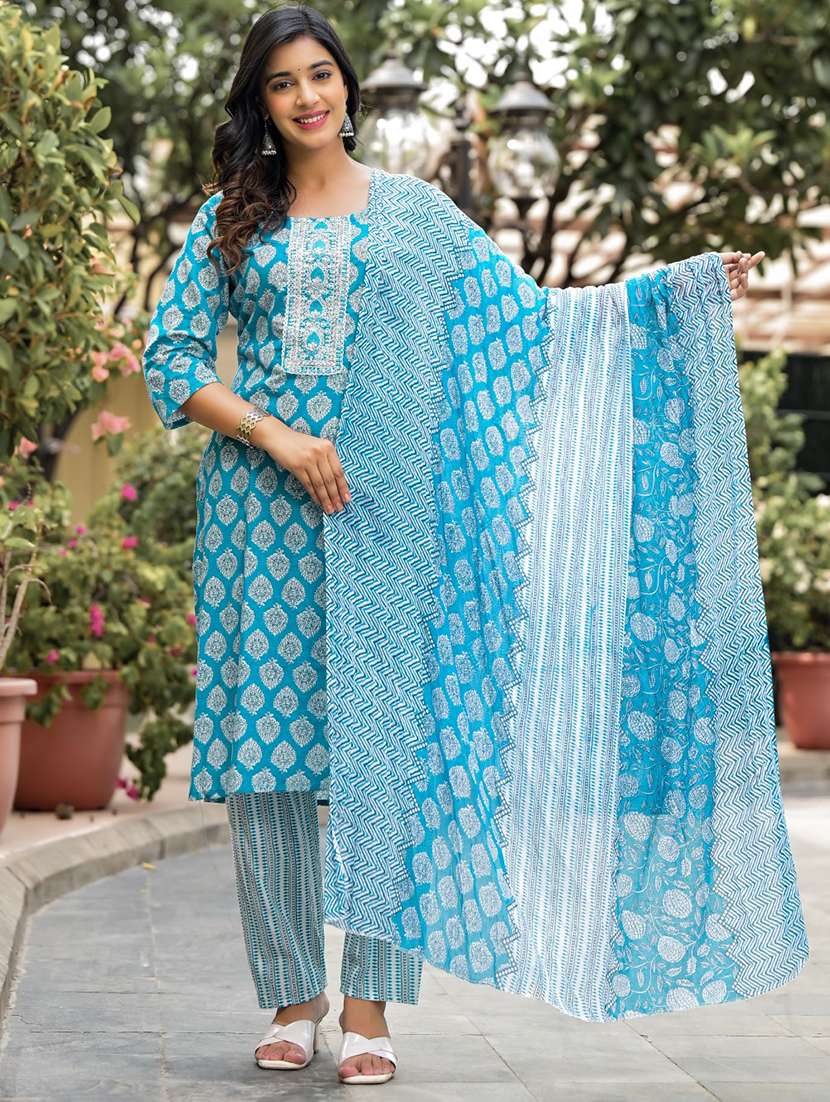 women light blue printed kurta pant set with dupatta - 21391928 - Standard Image - 3