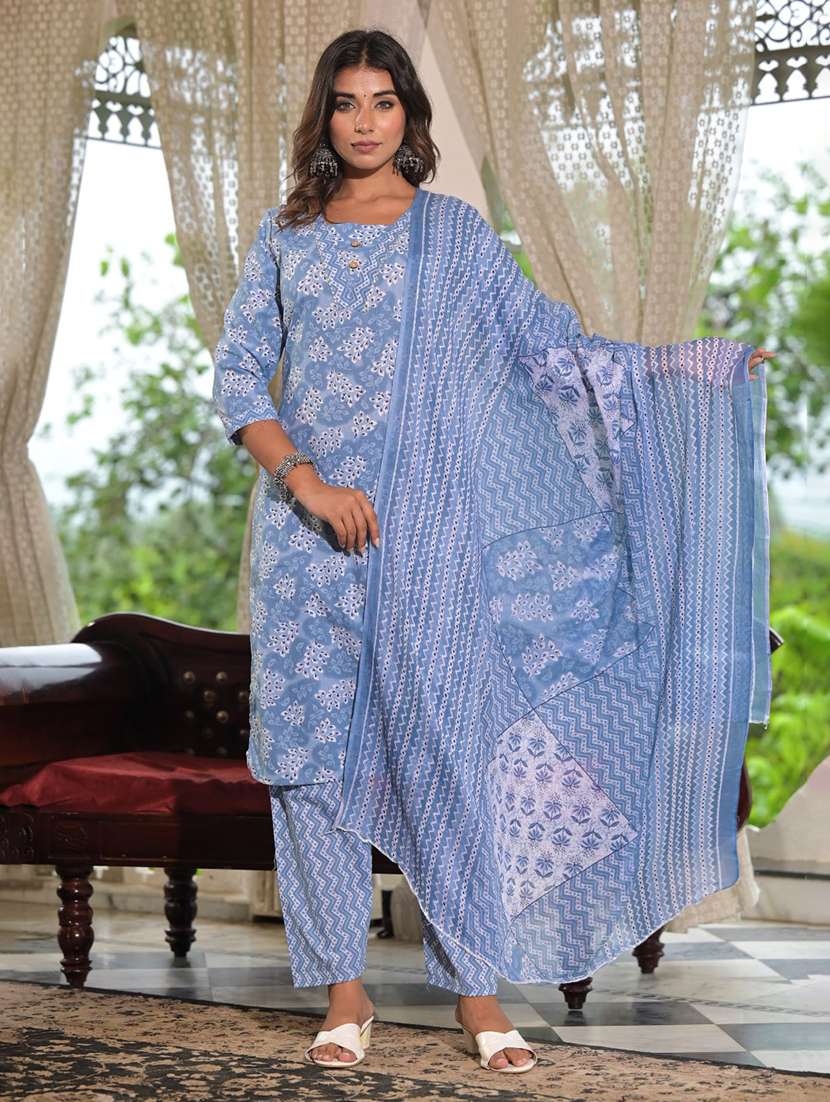 women three quarter sleeve kurta pant with dupatta set