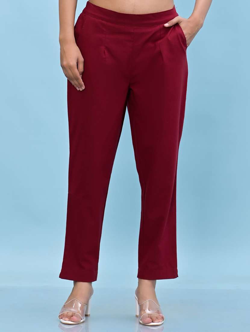 women maroon cotton cigarette pants