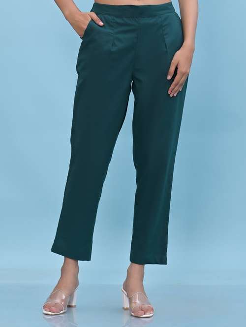 women teal green cotton cigarette pants - 21391948 -  Standard Image - 0