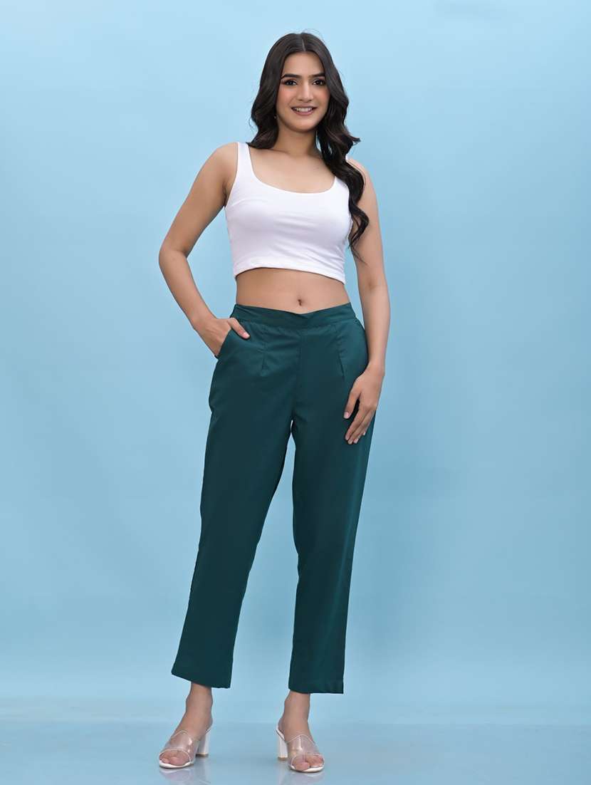 women teal green cotton cigarette pants - 21391948 -  Standard Image - 3