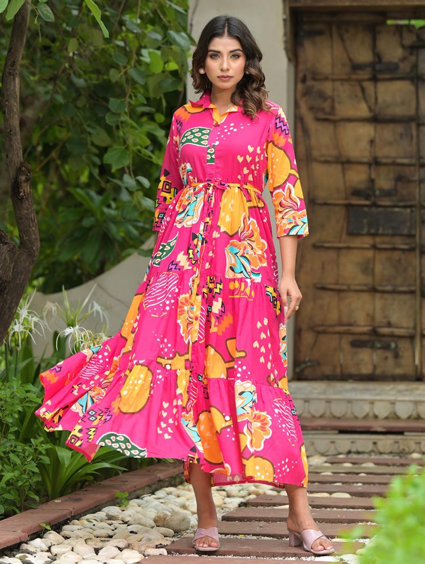 fuchsia cotton tiered ethnic dress - 21391954 - Standard Image - 3