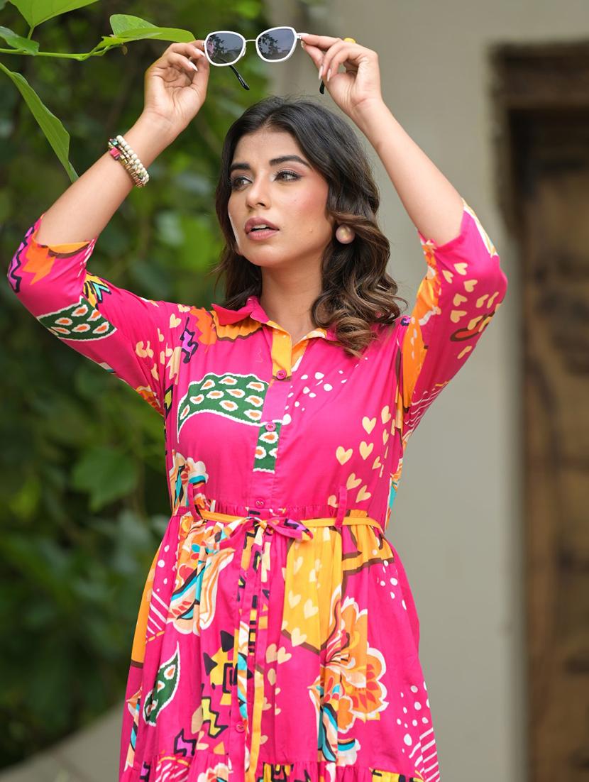 fuchsia cotton tiered ethnic dress - 21391954 - Standard Image - 5