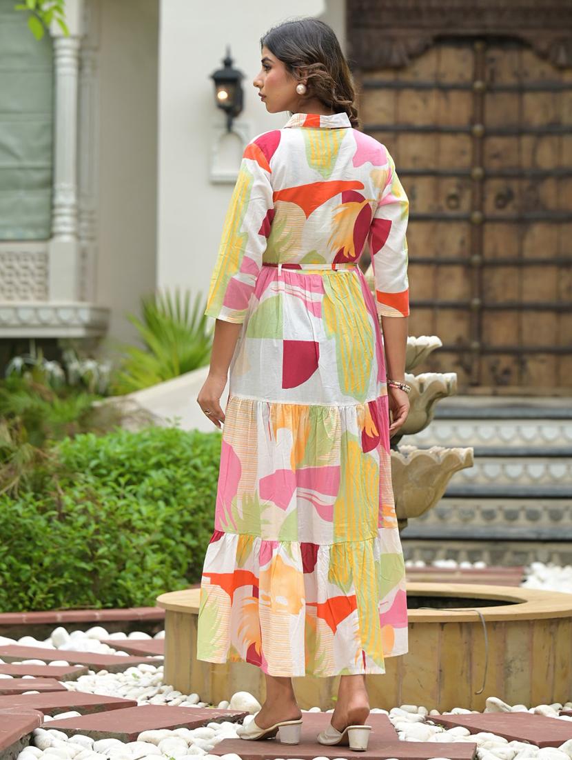 off white abstract printed fit & flare ethnic dress - 21391955 - Standard Image - 3