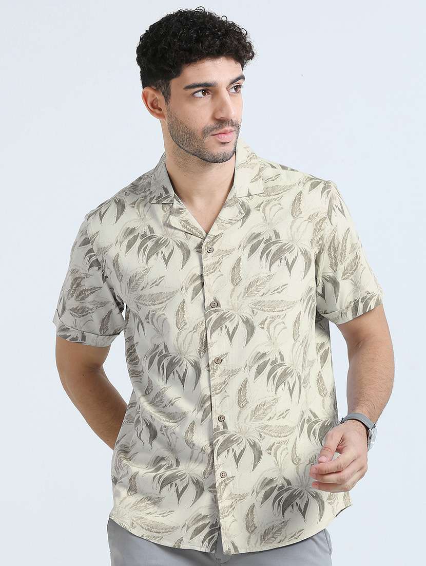 men off-white leaf printed short sleeve cuban collar casual shirt - 21392246 - Zoom Image - 0