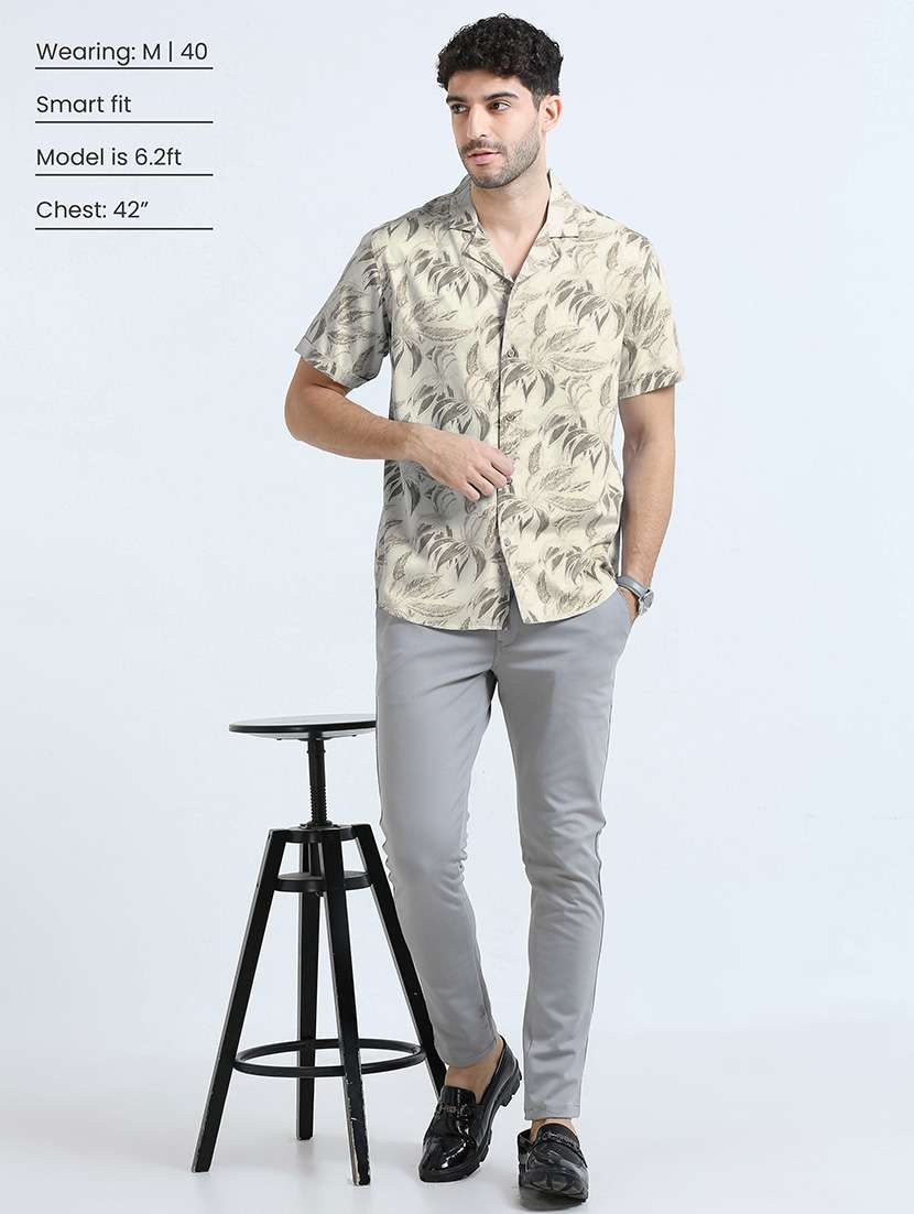 men off-white leaf printed short sleeve cuban collar casual shirt - 21392246 - Standard Image - 3