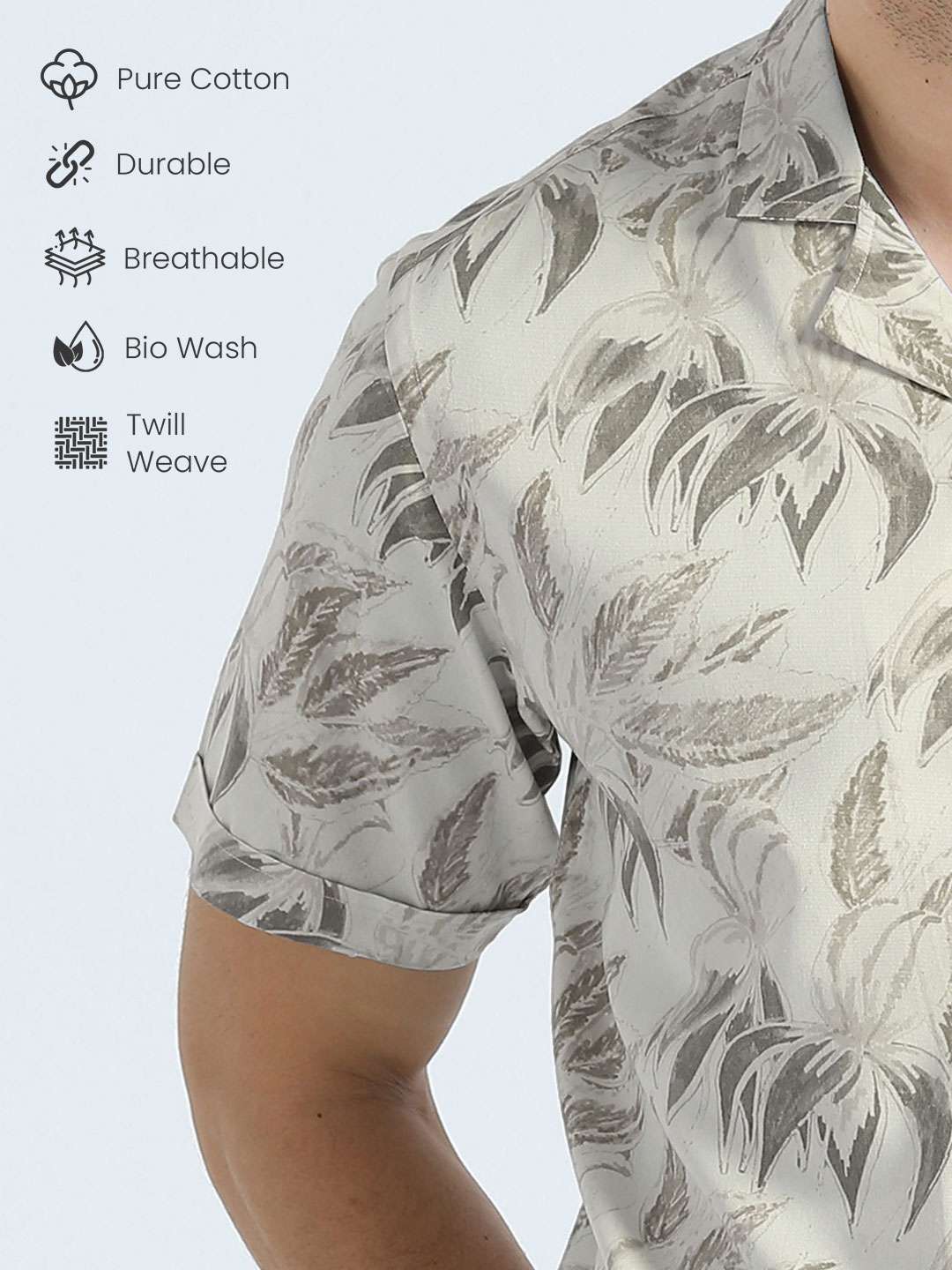 men off-white leaf printed short sleeve cuban collar casual shirt - 21392246 - Standard Image - 5