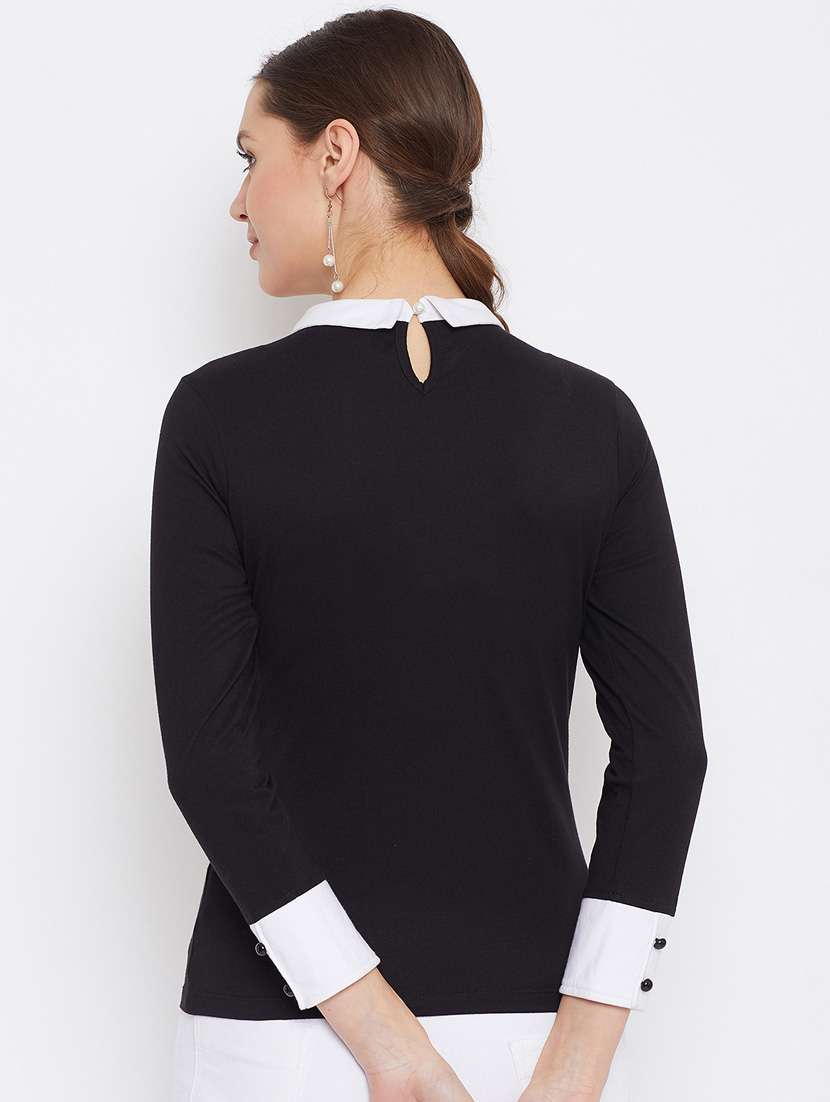 women black key hole neck long sleeves top - 21392308 - Standard Image - 3
