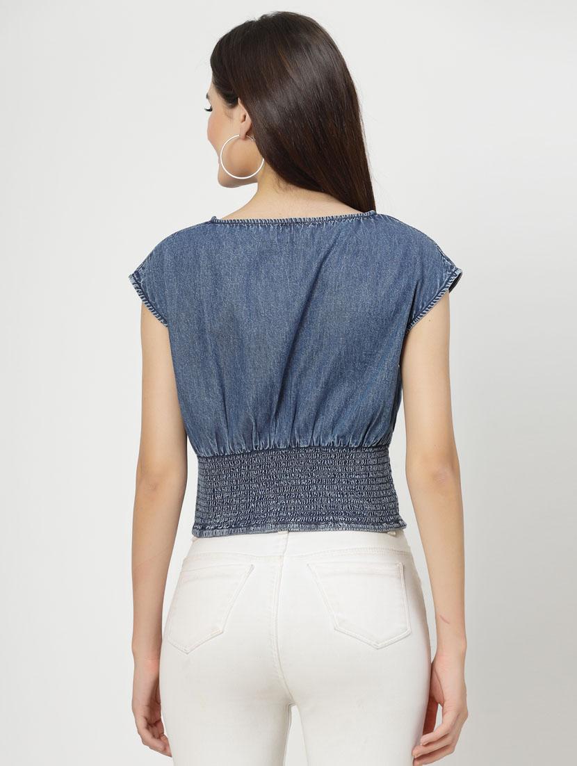 women blue cotton blend crop top - 21392335 - Standard Image - 3