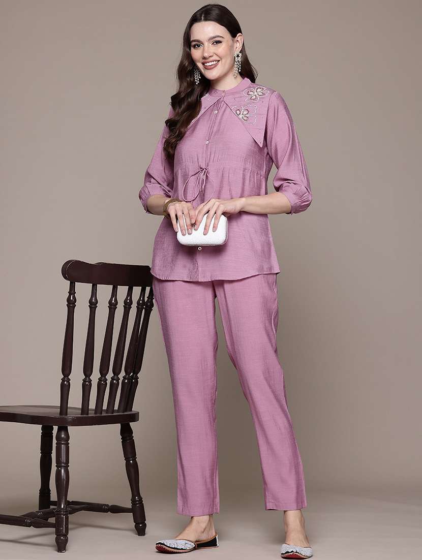 women mauve mandarin neck co-ord sets