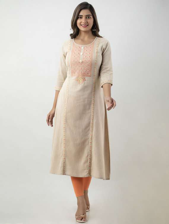 women embroidered three quarter sleeve a-line kurta