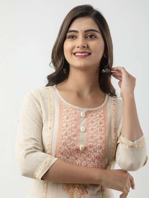 women embroidered three quarter sleeve a-line kurta - 21393322 -  Standard Image - 3