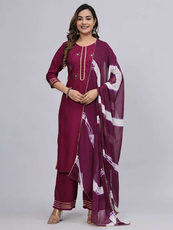 women purple kurta palazzo set with dupatta